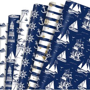 littkeef cliaet Blue Nautical Pattern Wrapping Paper Set, 12 Sheets Blue and White Ocean Design Sailing Gift Wrap Paper for Birthday, Baby Shower, Father's Day, Graduation 20'' x 27''