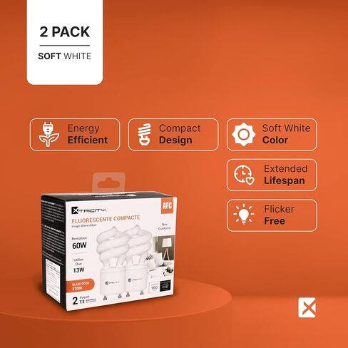 لمبة إضاءة Xtricity Compact Fluorescent GU24، T2 Spiral CFL، 2 لمبات إضاءة شوكية، 2700 كيلو أبيض ناعم، 13 وات (ما يعادل 60 واط)، 900 لومن، 120 فولت، مدرج في قائمة UL (4 عبوات) in Kuwait