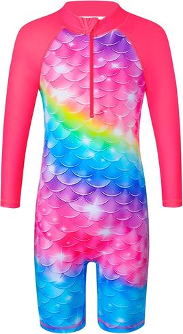 TFJH E Long Sleeve Girls Swimwear UPF 50+ Rash Guard Swimsuits Bathing Suits Beachwear Zip HotPink Scale Long 128/134 in Saudi Arabia