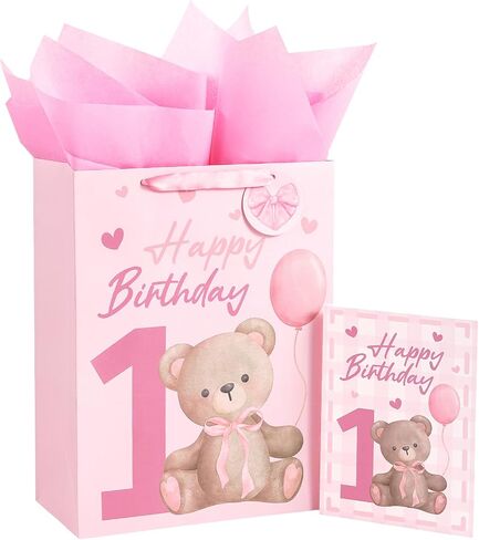 Loveinside 1st Birthday Gift Bag for Baby Girl, Large Pink Bear Design, Medium Size Bag with Tissue Paper, Tag, Greeting Card, Ideal for Newborn, First Birthday, Baby Shower, 10" x 5" x 13", 1 Pcs in Kuwait
