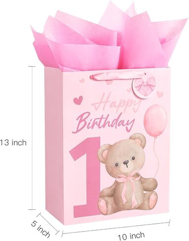 Loveinside 1st Birthday Gift Bag for Baby Girl, Large Pink Bear Design, Medium Size Bag with Tissue Paper, Tag, Greeting Card, Ideal for Newborn, First Birthday, Baby Shower, 10" x 5" x 13", 1 Pcs in Kuwait