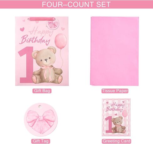 Loveinside 1st Birthday Gift Bag for Baby Girl, Large Pink Bear Design, Medium Size Bag with Tissue Paper, Tag, Greeting Card, Ideal for Newborn, First Birthday, Baby Shower, 10" x 5" x 13", 1 Pcs in Kuwait