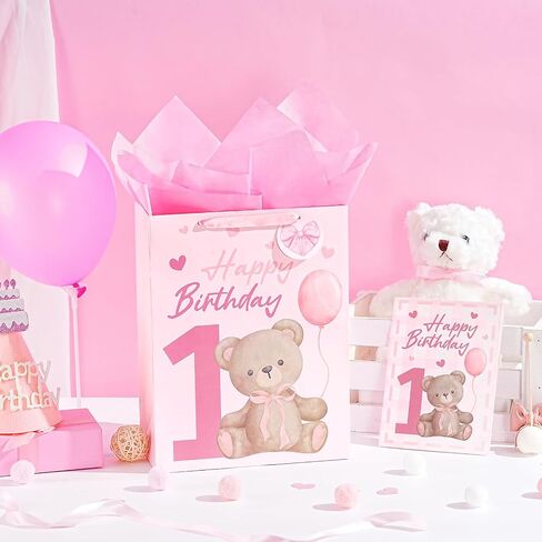 Loveinside 1st Birthday Gift Bag for Baby Girl, Large Pink Bear Design, Medium Size Bag with Tissue Paper, Tag, Greeting Card, Ideal for Newborn, First Birthday, Baby Shower, 10" x 5" x 13", 1 Pcs in Kuwait