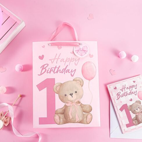 Loveinside 1st Birthday Gift Bag for Baby Girl, Large Pink Bear Design, Medium Size Bag with Tissue Paper, Tag, Greeting Card, Ideal for Newborn, First Birthday, Baby Shower, 10" x 5" x 13", 1 Pcs in Kuwait