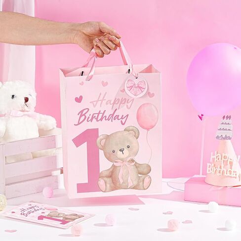 Loveinside 1st Birthday Gift Bag for Baby Girl, Large Pink Bear Design, Medium Size Bag with Tissue Paper, Tag, Greeting Card, Ideal for Newborn, First Birthday, Baby Shower, 10" x 5" x 13", 1 Pcs in Kuwait