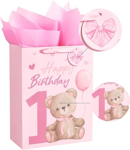 Loveinside 1st Birthday Gift Bag for Baby Girl, Large Pink Bear Design, Medium Size Bag with Tissue Paper, Tag, Greeting Card, Ideal for Newborn, First Birthday, Baby Shower, 10" x 5" x 13", 1 Pcs in Kuwait