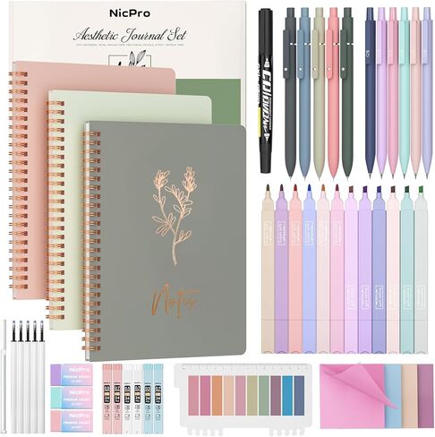 Nicpro 50PCS Cute Spiral Notebook Set For Women, Aesthetic Bible Journal Set, 3PCS A5 Spiral Notebook, Gel Pens, Sticky Notes & Tabs, Gift Box, Mechanical Pencils for Study Work School Office Supplies in Saudi Arabia