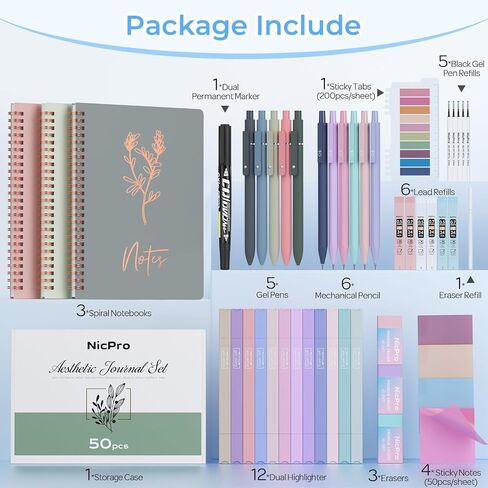 Nicpro 50PCS Cute Spiral Notebook Set For Women, Aesthetic Bible Journal Set, 3PCS A5 Spiral Notebook, Gel Pens, Sticky Notes & Tabs, Gift Box, Mechanical Pencils for Study Work School Office Supplies in Saudi Arabia