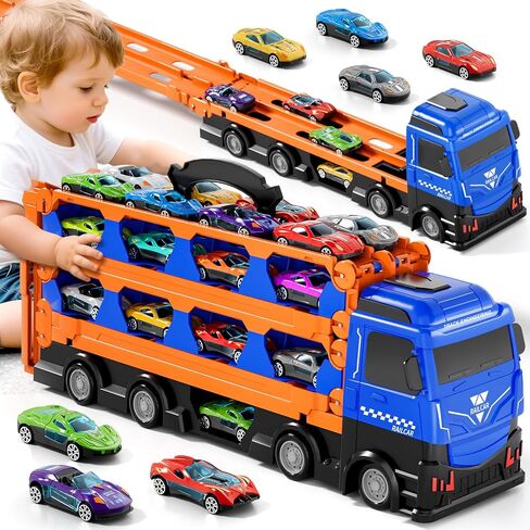 Car Truck Toys, 78-Inch Race Track Transport Truck Set with 24 Die-Cast Metal Cars, Foldable Carrier Toy for Kids 3-5, Christmas Birthday Gift for Toddlers ages 3 4 5 6 7+ Years Old Boys Girls in Saudi Arabia