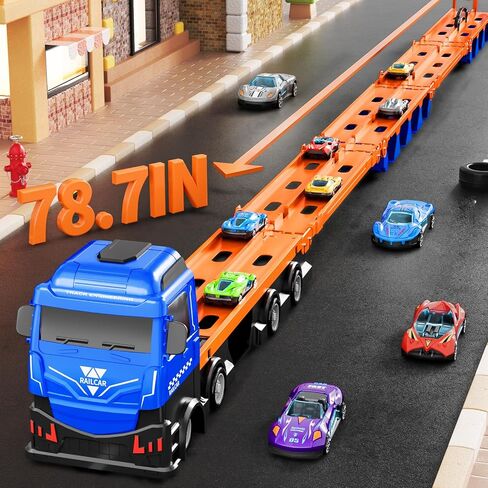 Car Truck Toys, 78-Inch Race Track Transport Truck Set with 24 Die-Cast Metal Cars, Foldable Carrier Toy for Kids 3-5, Christmas Birthday Gift for Toddlers ages 3 4 5 6 7+ Years Old Boys Girls in Saudi Arabia