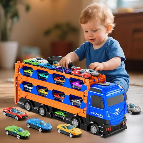 Car Truck Toys, 78-Inch Race Track Transport Truck Set with 24 Die-Cast Metal Cars, Foldable Carrier Toy for Kids 3-5, Christmas Birthday Gift for Toddlers ages 3 4 5 6 7+ Years Old Boys Girls in Saudi Arabia