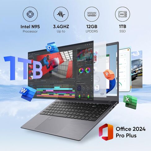 كمبيوتر محمول، كمبيوتر محمول مقاس 15.6 بوصة، ذاكرة وصول عشوائي LPDDR5 سعة 16 جيجابايت، محرك أقراص NVMe SSD سعة 512 جيجابايت، معالج N100 رباعي النواة Win-11 Pro، شاشة FHD IPS، بطارية طويلة الأمد، WiFi 6، BT، USB-C، كاميرا ويب in Saudi Arabia