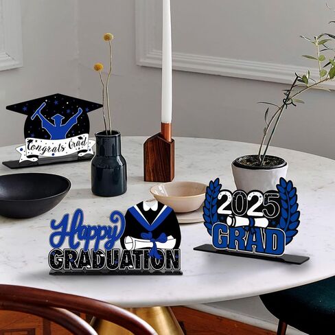 Lingteer Class of 2025 Decoruation Party Decorations - 3pcs Congrats Grad 2025 School Traduation Acrylic Table Centerpieces Decorations - Blue. in Kuwait