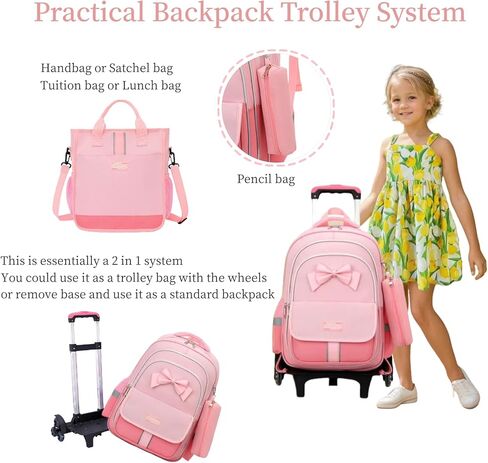 MITOWERMI حقيبة ظهر متدحرجة للفتيات 3 قطع حقيبة مدرسية ابتدائية حقيبة ظهر لطيفة على شكل فيونكة مع عجلات حقائب كتب للفتيات مع حقيبة يد وحقائب ترولي للأطفال وحقائب حمل in Kuwait