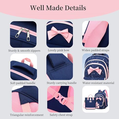 MITOWERMI حقيبة ظهر متدحرجة للفتيات 3 قطع حقيبة مدرسية ابتدائية حقيبة ظهر لطيفة على شكل فيونكة مع عجلات حقائب كتب للفتيات مع حقيبة يد وحقائب ترولي للأطفال وحقائب حمل in Kuwait