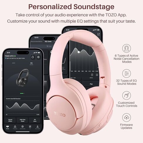 سماعات TOZO HT2 Hybrid النشطة بخاصية إلغاء الضوضاء، سماعات رأس بلوتوث لاسلكية فوق الأذن، وقت تشغيل 60 ساعة، صوت عالي الدقة مخصص EQ عبر التطبيق Deep Bass Comfort Fit Ear Cups، للمنزل والمكتب والسفر كاكي in Kuwait