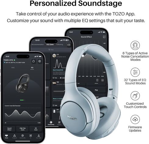 TOZO HT2 Hybrid Active Noise Cancelling Headphones, Wireless Over Ear Bluetooth Headphones, 60H Playtime, Hi-Res Audio Custom EQ via App Deep Bass Comfort Fit Ear Cups, for Home Office Travel Khaki in Saudi Arabia