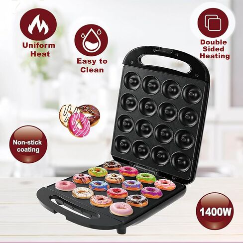 Mini Donut Maker Pancake Waffle Maker Machine for Instant Breakfast, Snacks, Dessert; Non-stick Surface, Cake Machine, Waffle maker, Kid's friendly, Double-Sided Heating Makes 16 Donut, Black in Saudi Arabia