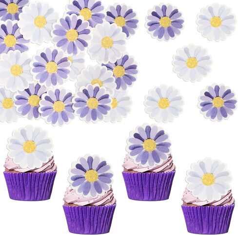 Ephlyn 48Pcs Edible Daisy Cupcake Toppers Wafer Paper Flower Cake Topper Decorations Flower Chrysanthemum Party Decorations for Birthday Wedding Birthday Party Supplies White in Saudi Arabia