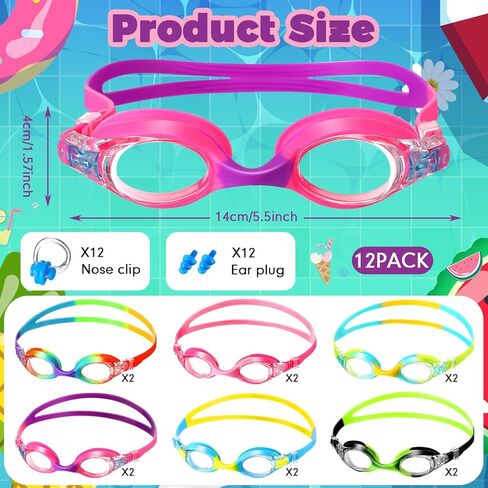 12 Pcs Kids Swimming Goggles No Leaking Anti Fog Kids Swim Goggles Kids Goggles Glasses for Girls Boys with Nose Clips Ear Plugs for Toddler Youth Pool Ages 3-15, 6 Styles in Saudi Arabia