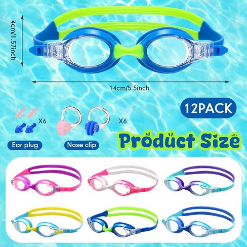 12 Pcs Kids Swimming Goggles No Leaking Anti Fog Kids Swim Goggles Kids Goggles Glasses for Girls Boys with Nose Clips Ear Plugs for Toddler Youth Pool Ages 3-15, 6 Styles in Saudi Arabia