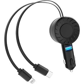 Retractable Car Charger, 3 in 1 Fast Car Phone Charger, 2 Retractable Cables and 1 USB Ports Small Car Charger Adapter, Car Charger Compatible with iPhone 15/14/13/12/11, Galaxy S23, Pixel