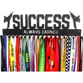 Metal Wall Mount Ribbon Hanger - 'Success' Martial Arts (Taekwando, Karate) Sports Medal Hanger - Lanyard Ribbon Display Holder Rack with Medal Hooks - Great Gift (Black) - Boy