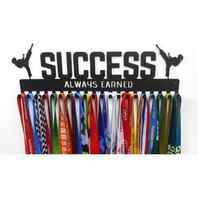 Metal Wall Mount Ribbon Hanger - 'Success' Martial Arts (Taekwando, Karate) Sports Medal Hanger - Lanyard Ribbon Display Holder Rack with Medal Hooks - Great Gift (Black) - Boy