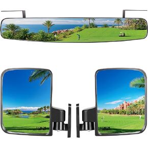 Newest Golf Cart Mirrors, Folding Side Mirror and Panoramic Rear View Mirror Kit for Yamaha Club Car EZGO, Eliminate Blind Spots Clear Convex Mirror