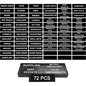 Tool Box Organization Magnetic Labels,Tool Chest Organizer Labels with Strong Magnets,Easy to Read Printing - Fits All Brands of Steel Tool Box Drawers (72 Pcs, 4 x 1 Inches)