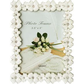 Licotom Metal Picture Frame Silver Plated with Ivory White Enamel and Crystals, Lovely Flowers Photo Frame 3.5 x 5 inch