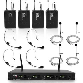 Pyle 4 Channel UHF Wireless Microphone System & Rack Mountable Base 4 Headsets, 4 Belt Packs, 4 Lavelier/Lapel MIC With Independent Volume Controls AF & RF Signal Indicators (PDWM4560),Black