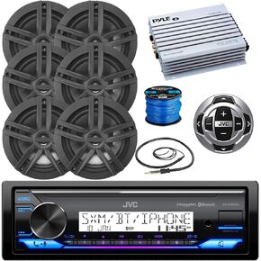 JVC Marine Stereo Receiver Bundle Kit with Remote Control, 6 Enrock 6.5" Marine Speakers, Pyle 4 Ch 400w Waterproof Amplifier, Enrock Wire Antenna, Enrock 50 ft Speaker Wire (Black)
