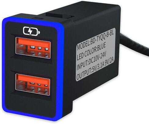 شاحن سيارة QC3.0 شحن سريع، لمقبس USB مزدوج من تويوتا للشحن السريع، مع عرض ضوء LED، والهواتف الذكية المتوافقة، أو الكمبيوتر اللوحي أو أي جهاز USB آخر (أزرق 1.3 × 0.9 بوصة) in Kuwait