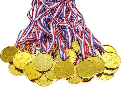 24 Pieces Kids Plastic Winner Medals Golden Medals Awards with Ribbons for Party Favor Decorations in Kuwait