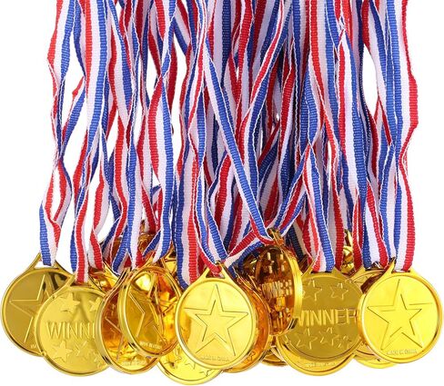 24 Pieces Kids Plastic Winner Medals Golden Medals Awards with Ribbons for Party Favor Decorations in Kuwait