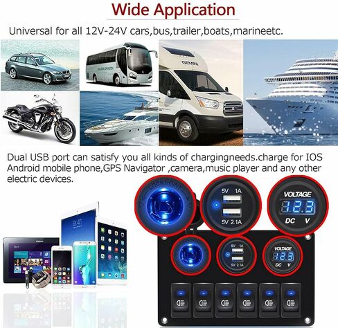 6 Gang Blue Rocker Switch Panel Circuit Breaker LED Waterproof Car Marine Boat (Blue) in Saudi Arabia