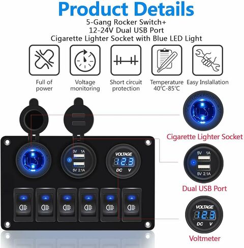 6 Gang Blue Rocker Switch Panel Circuit Breaker LED Waterproof Car Marine Boat (Blue) in Saudi Arabia