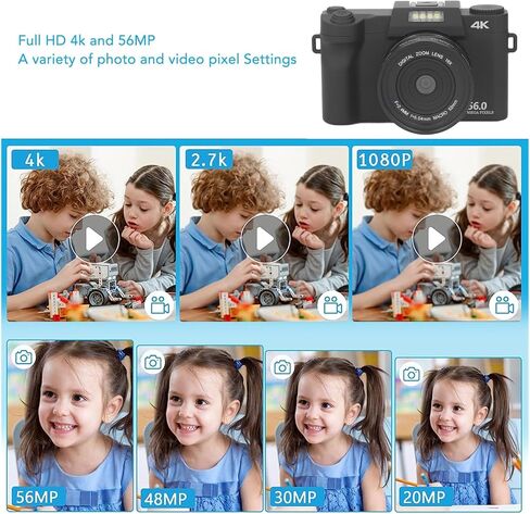 كاميرا رقمية بدقة 4K، كاميرا تسجيل فيديو بدقة 56 ميجابكسل و16X تكبير تلقائي ونقطة التصوير المحمولة، شاشة IPS عالية الدقة 3.0 بوصة مع ضوء تعبئة مدمج، 1500 مللي أمبير في الساعة in Kuwait