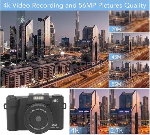 كاميرا رقمية بدقة 4K، كاميرا تسجيل فيديو بدقة 56 ميجابكسل و16X تكبير تلقائي ونقطة التصوير المحمولة، شاشة IPS عالية الدقة 3.0 بوصة مع ضوء تعبئة مدمج، 1500 مللي أمبير في الساعة in Kuwait