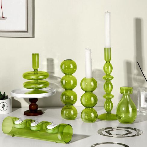 6 Pcs Green Glass Candle Holder Glass Candlestick Holder Wavy Glass Candle Sticks Holders Funky Candle Holder Mini Taper Candle Elegant Glass Vase for Home Table Decor Wedding Party Centerpiece in Kuwait