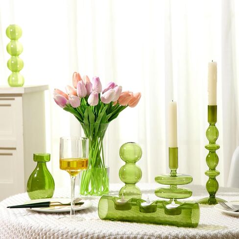 6 Pcs Green Glass Candle Holder Glass Candlestick Holder Wavy Glass Candle Sticks Holders Funky Candle Holder Mini Taper Candle Elegant Glass Vase for Home Table Decor Wedding Party Centerpiece in Kuwait