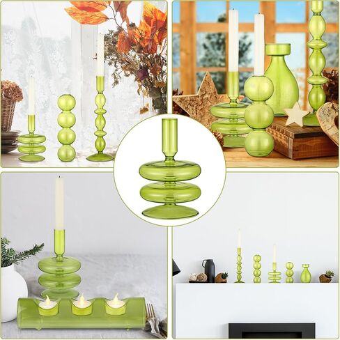 6 Pcs Green Glass Candle Holder Glass Candlestick Holder Wavy Glass Candle Sticks Holders Funky Candle Holder Mini Taper Candle Elegant Glass Vase for Home Table Decor Wedding Party Centerpiece in Kuwait