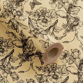 RUSPEPA Vintage Floral Wrapping Paper Roll, Mini Roll, Black Flower, Bird and Butterfly Design Kraft Gift Wrap Birthday, Wedding, Bridal Shower, Mother's Day, 17 Inches x 16.4 Feet