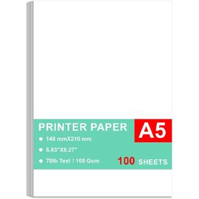 Printer Paper - 100 Sheets, A5 Premium Bright White Paper, 28lb Bond / 70lb Text (105 gsm) Bright White Paper – Great for Copy, Printing, Writing, 5.83" x 8.27" (148 x 210 mm)
