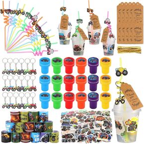 Kolewo4ever 244 Pieces Monster Truck Party Favors Set Monster Truck Party Supplies Jam Birthday Decorations with Cup Straw Keychain Sticker Slap Bracelet Stamper Thank You Tags