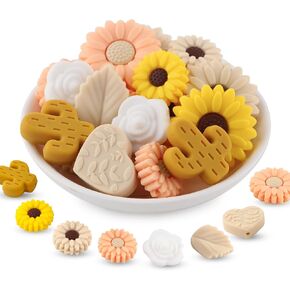 20Pcs Silicone Focal Beads for Pens, 20mm 30mm Sunflower Rose Chrysanthemum Leaves Hearts Cactus Plant Silicone Beads for Keychain Making DIY Craft（Green）