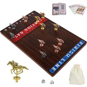 Horse Race Board Game with 11 Luxurious Durable Classic Metal Horses with 4 Dice and 2 Boxes of CardsThickened Solid Wood Horse Racing Dice Game (Rustic Brown)