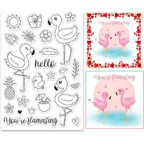 GLOBLELAND Flamingos Silicone Clear Stamp Animal Tropical Plant Hibiscus Flowers Transparent Stamps for Holiday Greeting Cards Making DIY Scrapbooking Photo Album Decoration Paper Craft 4.3x6.3 Inch
