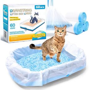 60 Count Drawstring Litter Box Liners for Scoopfree Cat Litter Tray Pan Refills, 37'' W x 13.8'' H, Durable Pet Kitten Replacement Waste Bags for Stainless Enclosure Closed Litter Box